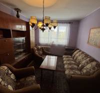 Living room in a two-room apartment with older furniture, a sofa, and a chandelier.