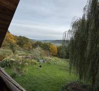 A garden with a lawn, trees, and a view of the hills from the Cottage in Dolné Rykynčice.