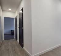 A hallway in a 3-room apartment with a wooden decor floor, white walls, and doors.