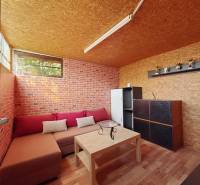 A room with a sofa, a brick wall, wooden decor, and shelves in the Gardens.