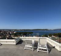 View from the villa in Trogir of the sea and surrounding islands, terrace with loungers.