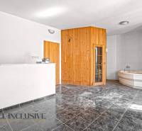 Commercial spaces with tiles, wooden sauna, reception desks, and a corner bathtub.