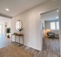 Interior of a family house with a wooden decor floor, a mirror, and a plant.