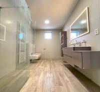 A bathroom in a family house with a wooden decor floor and a shower.