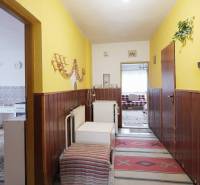 A hallway in a family house with wooden paneling and colorful walls.