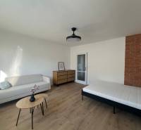 Living room with a sofa, table, and bed, floor with wooden decor.