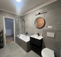 Bathroom in a studio apartment with gray tiles, a bathtub, and a mirror.