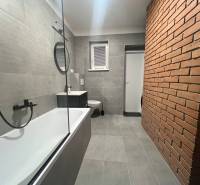 Bathroom in a studio apartment with a brick wall and gray tiles.