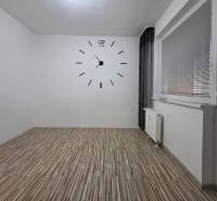 A room in a one-bedroom apartment with a clock on the white wall and a floor with a wooden decor.