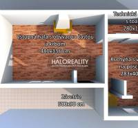 Floor plan of the interior with an entrance hall and kitchen, wooden decor flooring.
