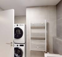 Bathroom with a washing machine, dryer, and ladder radiator in a 2-room apartment.