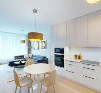 A stylish kitchen with wood-patterned flooring in a two-room apartment with a dining table.