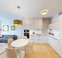 Living room and kitchen in a two-room apartment with a wooden decor floor.