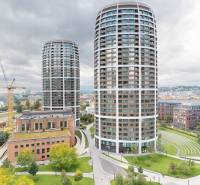 High-rise buildings with rounded architecture on Bottova Street in Bratislava.