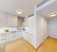 Kitchen in a 2-room apartment with white cabinets and a floor with a wood decor.
