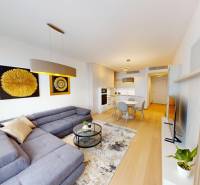 Living room in a two-room apartment with a wooden decor floor, a sofa, and decorative paintings.