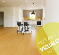Interior of a family house with a kitchen and bar stools on a wooden-decor floor.