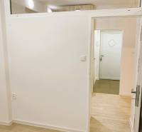 Interior of a 3-room apartment with wood-patterned flooring and white walls.