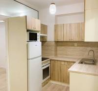 A kitchen in a 3-room apartment with a wooden decor floor and wooden cabinets.