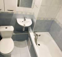 Bathroom with a shower, sink, and toilet in a 3-room apartment.