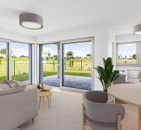 Living room in a 4-room apartment with a sofa bed and large windows with a view.