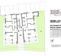 Floor plan of a 4-room apartment with an adjacent terrace and common areas in Kittsee, Am Seepark.