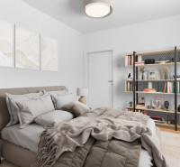 Bedroom with a bed, blanket, shelf, and paintings, 4-room apartment, floor with wooden decor.