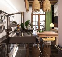 A kitchen with a marble countertop, wooden decor, and natural accessories.