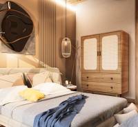 Interior of a 1-room apartment with a bed and wood-patterned flooring.