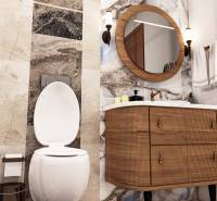Bathroom with mirror, sink, toilet, and decorative wall, Apartment construction.