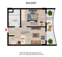 Floor plan of a 1-bedroom apartment with a living room, kitchenette, bedroom, bathroom, and balcony.