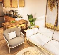 Living room in a one-bedroom apartment with a wooden decor floor and comfortable furniture.