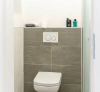 Bathroom with toilet in a 2-room apartment with ceramic tiles and accessories.