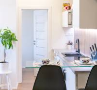 Interior of a 2-room apartment with a kitchen counter and decorations, floor with wooden decor.