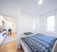 A bedroom in a two-room apartment with a wooden decor floor and a spacious bed.