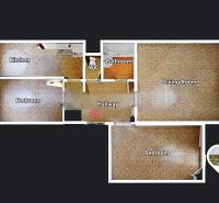 The image shows the floor plan of a 3-room apartment with a wooden decor floor.