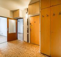 Entrance hallway in a 3-room apartment with cabinets and flooring with a wood decor.