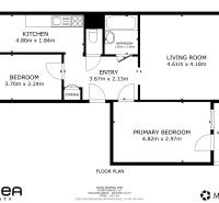 Floor plan of a 3-room apartment with a kitchen, bathroom, balcony, and storage space.
