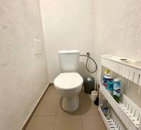 A toilet in a family house with a shelf for cleaning products and a tiled floor.