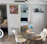 Glass dining table with flowers, chairs, wood-patterned floor, dog, and painting.