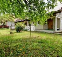 A cottage in Necpaly with a lawn and an outdoor fireplace, surrounded by greenery and trees.