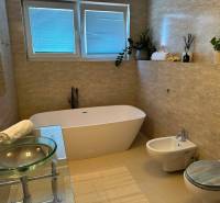 A bathroom in a 3-room apartment with a separate bathtub and decorative plants.