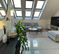 Living room in a three-room apartment, large skylights, light furniture, plant, decoration.