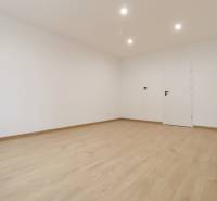 Spacious bright room with wood-patterned flooring in a family house.