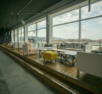 Interior gastro spaces with wood-decor flooring, windows with a view, comfortable seating.