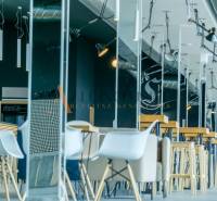 Modern gastro spaces with furniture, lights, and interior details.