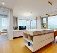 Interior of a 4-room apartment with wood-decor flooring, large windows, and an island.