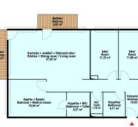 Floor plan of a 4-room apartment with two balconies, bathrooms, and a walk-in closet.