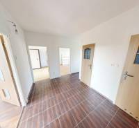 A hallway of a 4-room apartment with a wood-patterned floor and multiple doors.