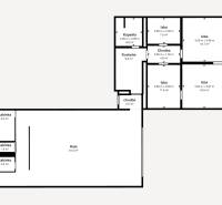 Floor plan of a family house with a room, kitchen, bathroom, and hall.